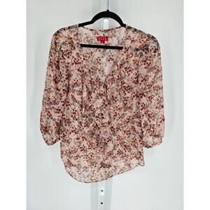 Elle Women's Multicolor Long Sleeve V-neck Ruffle Rounded Hem Top Size M